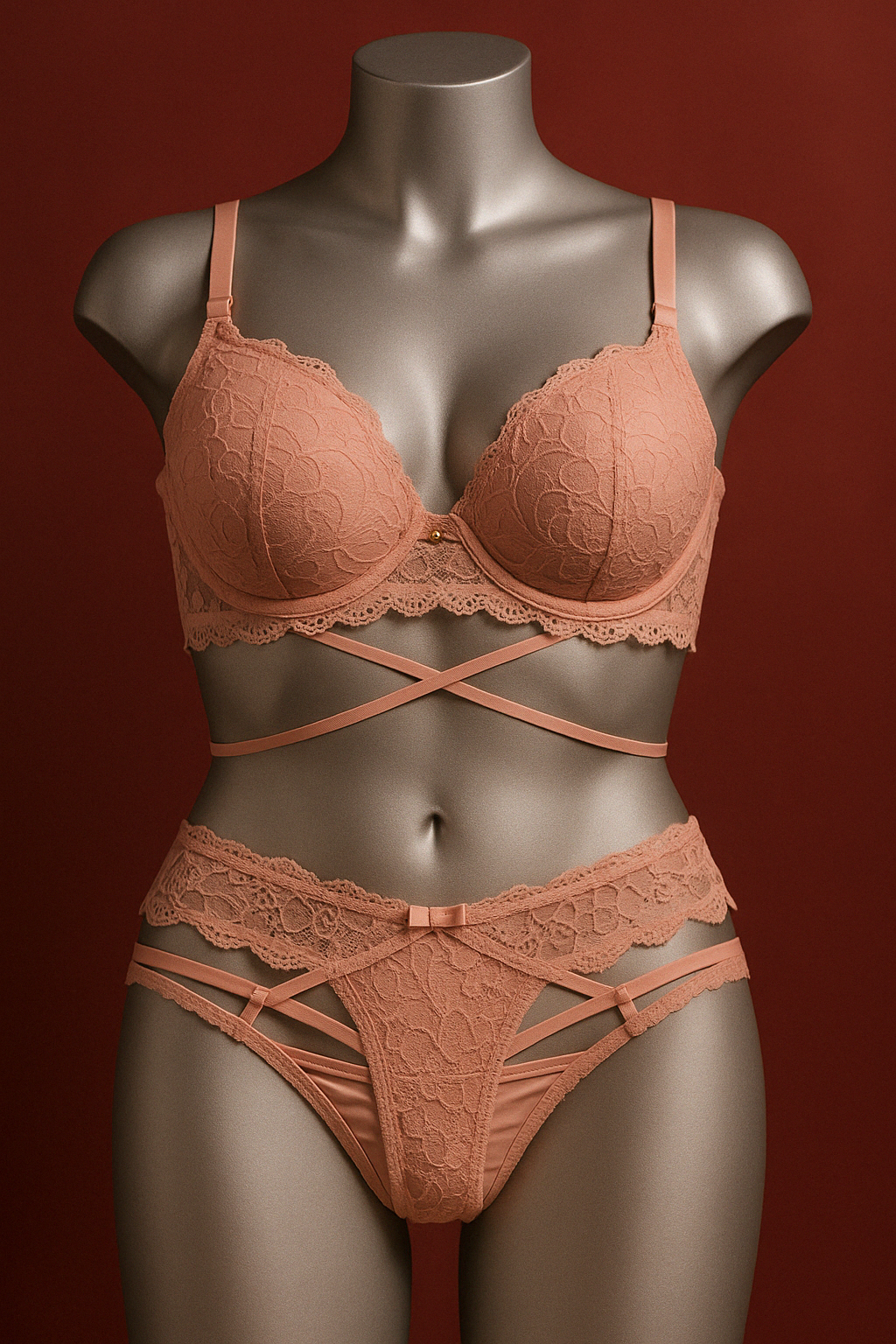 BRA WITH LACE CUTOUT ON THE PADDING AND BRAIDED BASE, DETAILED DOUBLE-STRING THONG