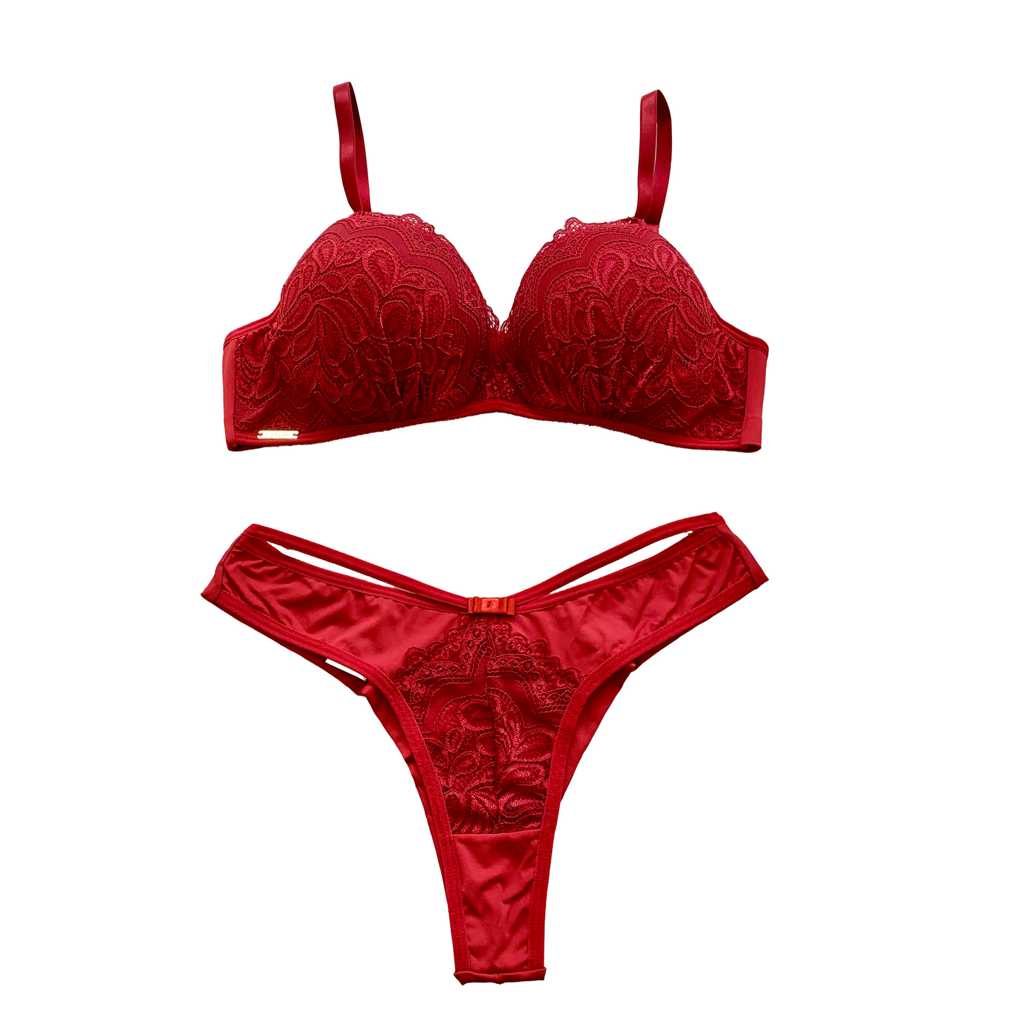 FOAM BASE BRA WITH DRAPED LACE ON THE PADDING, DOUBLE-STRING THONG