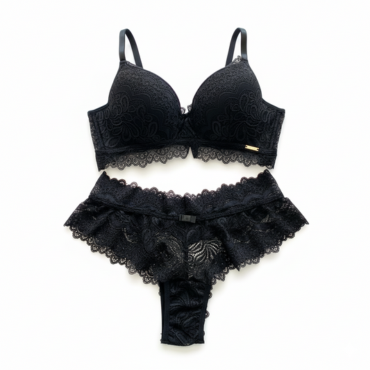 FOAM BASE BRA WITH OVERLAID LACE, LACE THONG