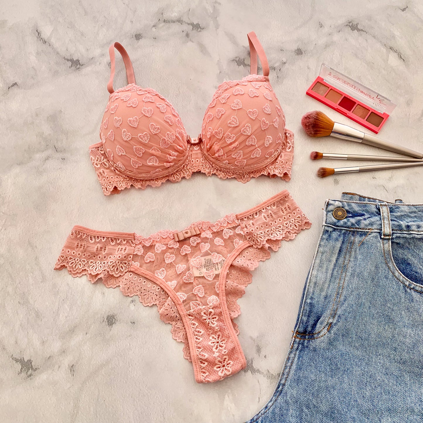 PADDED LINGERIE SET WITH EMBROIDERED TULLE AND LACE