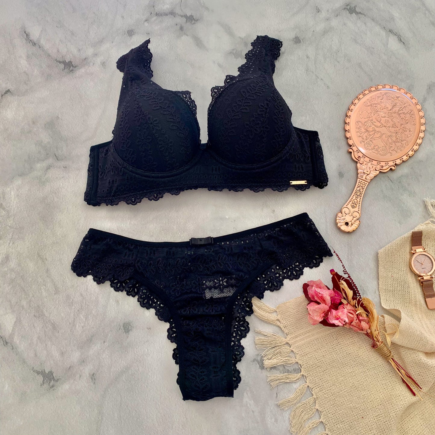 SOPHISTICATED PADDED BRA WITH LACE-DETAIL STRAPS, LACE THONG