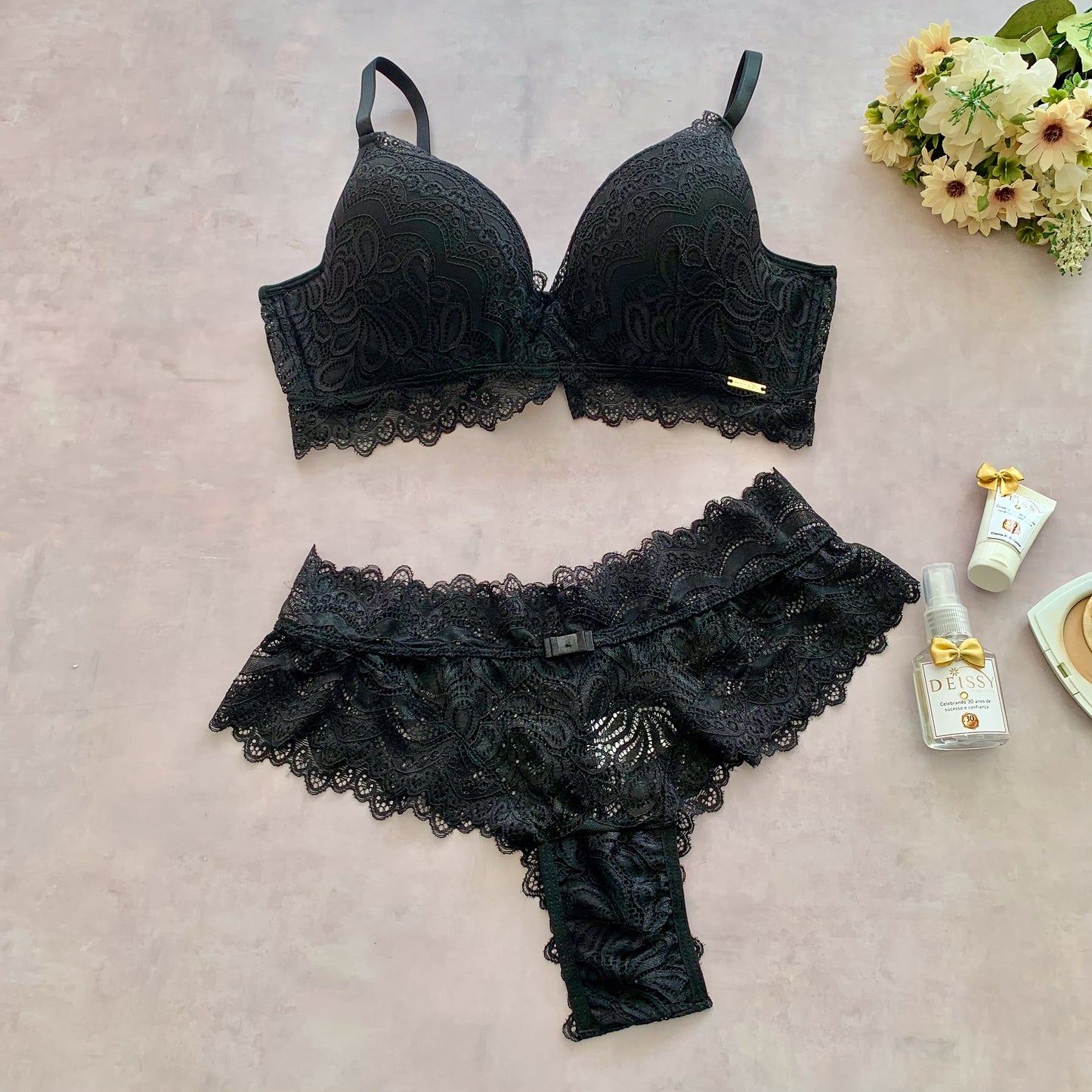 FOAM BASE BRA WITH OVERLAID LACE, LACE THONG