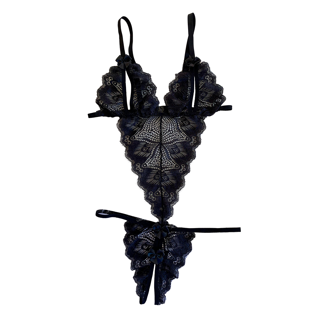 BLACK LACE SECRETARY BODY WITH BREAST AND BOTTOM OPENINGS