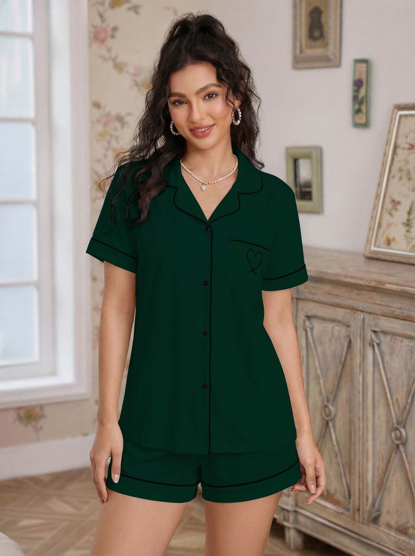 Open Front Shirt & Shorts Sleepwear Set