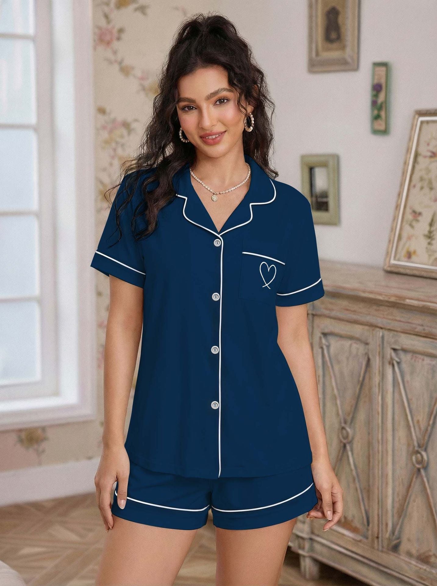 Open Front Shirt & Shorts Sleepwear Set