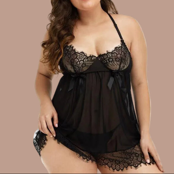 SEXY BLACK SILK NIGHTGOWN WITH LACE, PLUS SIZES.