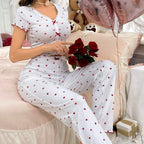 WOMEN’S TWO-PIECE PAJAMA SET WITH HEART PRINT AND V-NECK