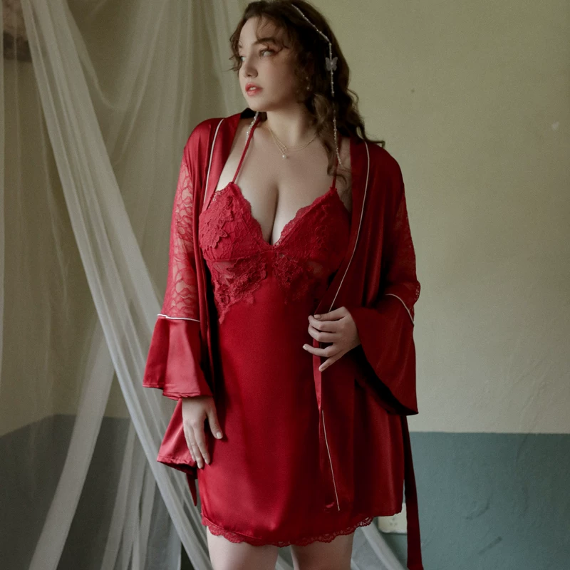 Plus Size Ice Silk Nightgown Set