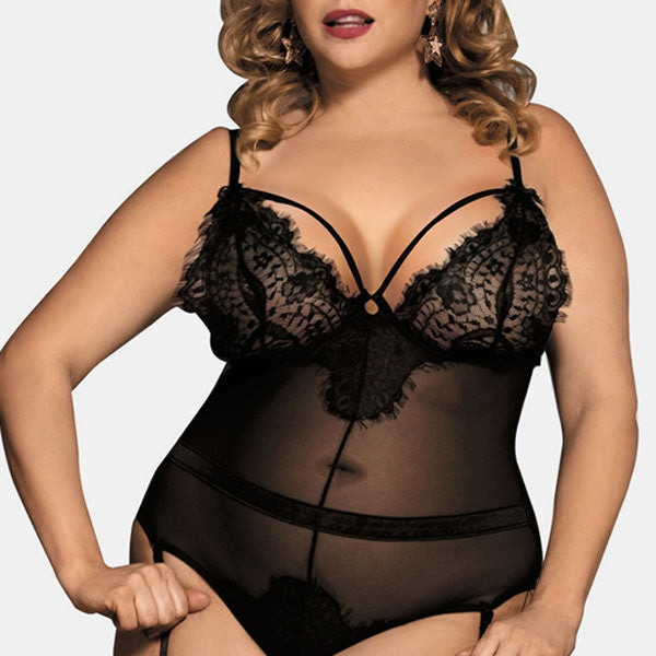 PLUS SIZE LACE INSERT MESH LINGERIE TEDDY