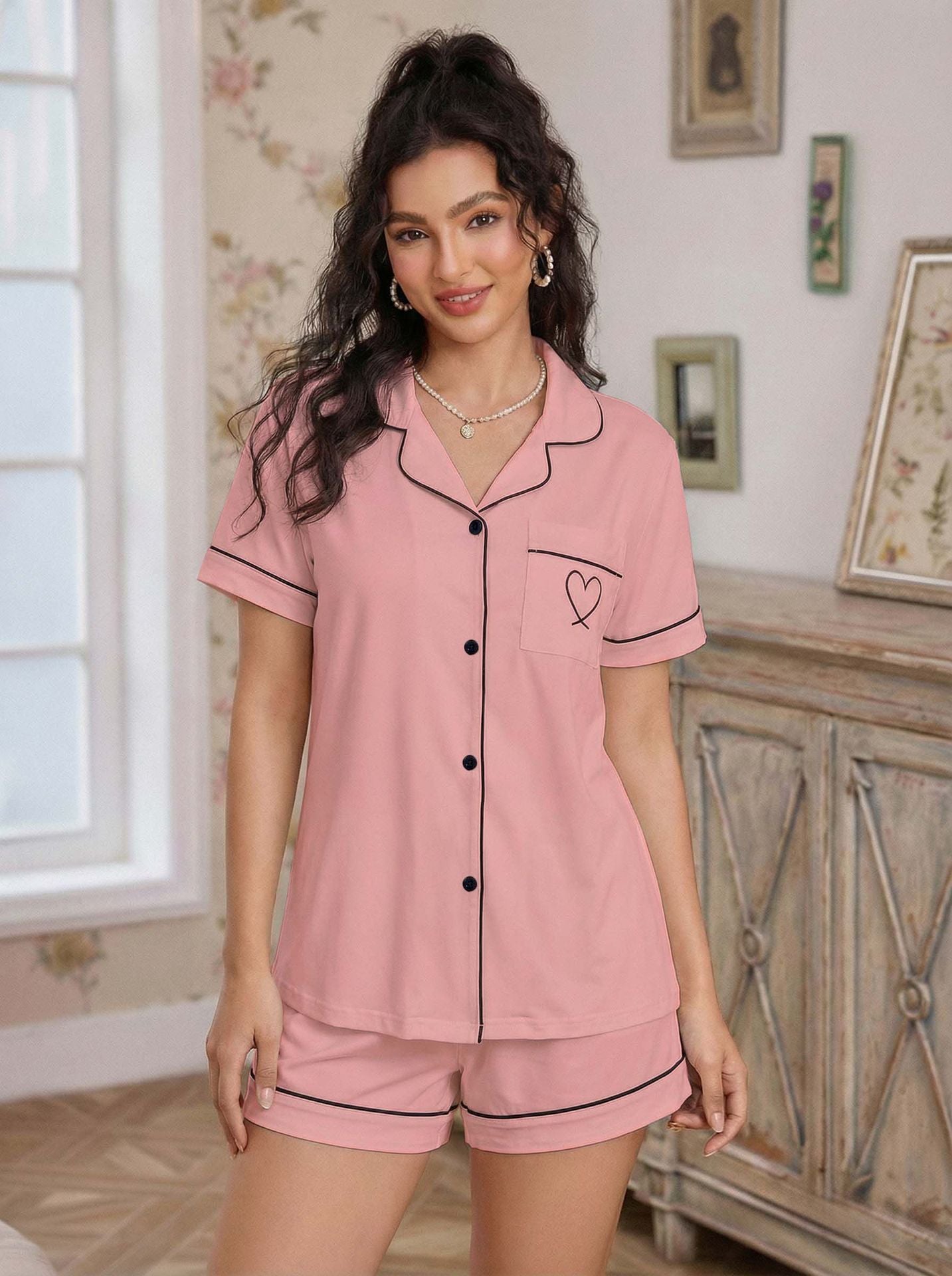 Open Front Shirt & Shorts Sleepwear Set
