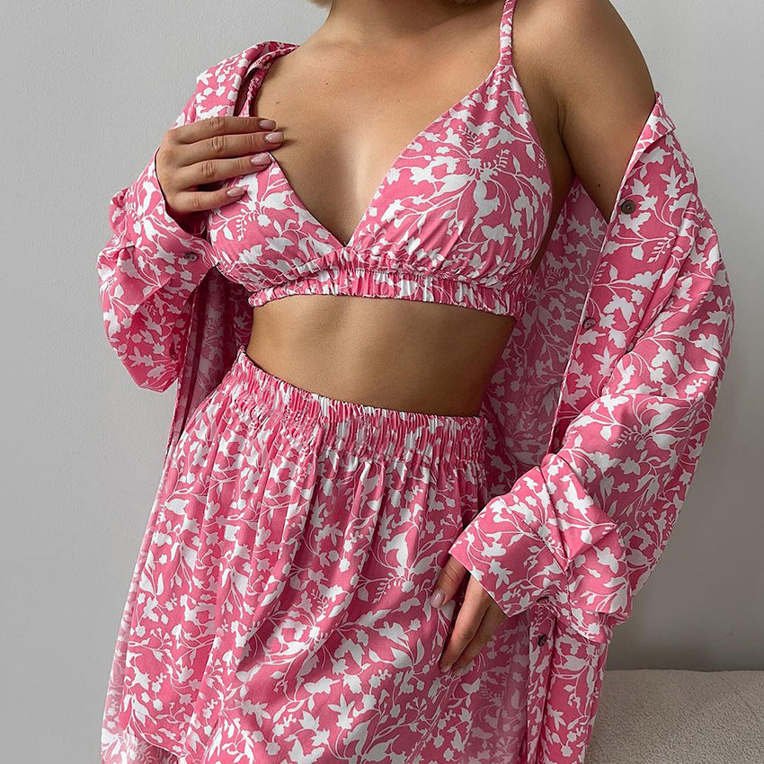 Printed Ice Silk 3-Piece Pajama Set