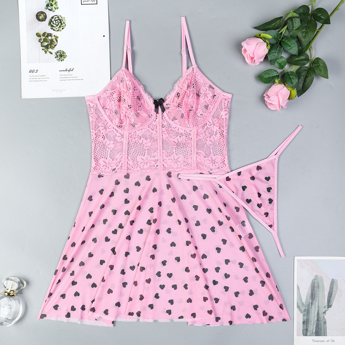Pink Heart Lace Nightgown & Thong Set