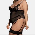 PLUS SIZE LACE INSERT MESH LINGERIE TEDDY