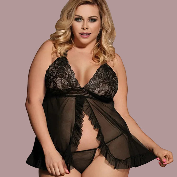 PLUS SIZE SCALLOPED TRIM LACE PANEL BABYDOLL
