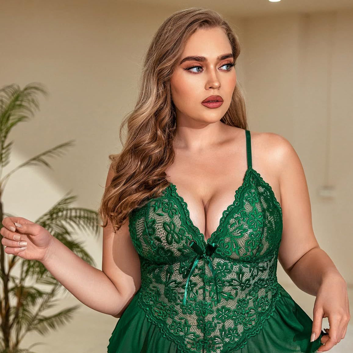 LACE BOW DEEP V-NECK PLUS SIZE SLEEPWEAR DRESS