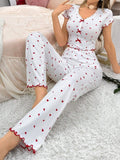 WOMEN’S TWO-PIECE PAJAMA SET WITH HEART PRINT AND V-NECK