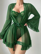 Lace Flare Sleeve Lingerie Set with Stockings