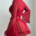 Lace Flare Sleeve Lingerie Set with Stockings