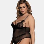PLUS SIZE LACE INSERT MESH LINGERIE TEDDY