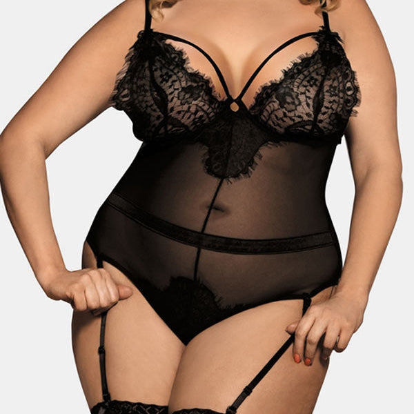 PLUS SIZE LACE INSERT MESH LINGERIE TEDDY
