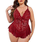 LACE BOW DEEP V-NECK PLUS SIZE SLEEPWEAR DRESS