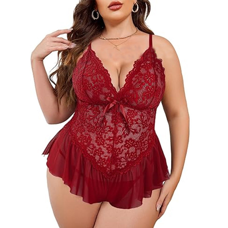 LACE BOW DEEP V-NECK PLUS SIZE SLEEPWEAR DRESS