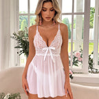 STRAP LACE BOW DEEP V ROMANTIC NIGHTGOWN SET