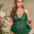 LACE BOW DEEP V-NECK PLUS SIZE SLEEPWEAR DRESS