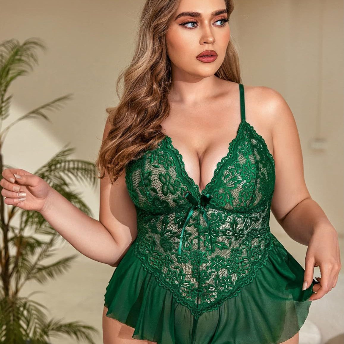 LACE BOW DEEP V-NECK PLUS SIZE SLEEPWEAR DRESS