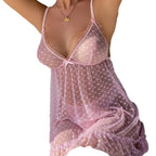 MESH HEART PRINT STRAP NIGHTGOWN LINGERIE SET