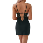 BLACK LACE SPLICE HIGH SLIT STRAP NIGHTGOWN TWO-PIECE SET