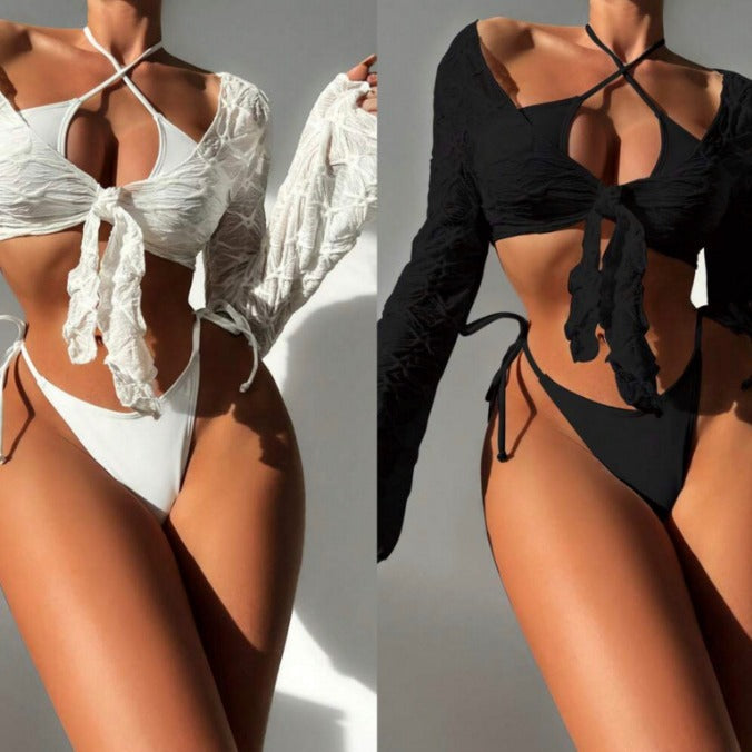Bikini three piece off shoulder lace up swimsuit