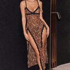 LEOPARD PRINT LACE BACKLESS SLIT NIGHTGOWN SET