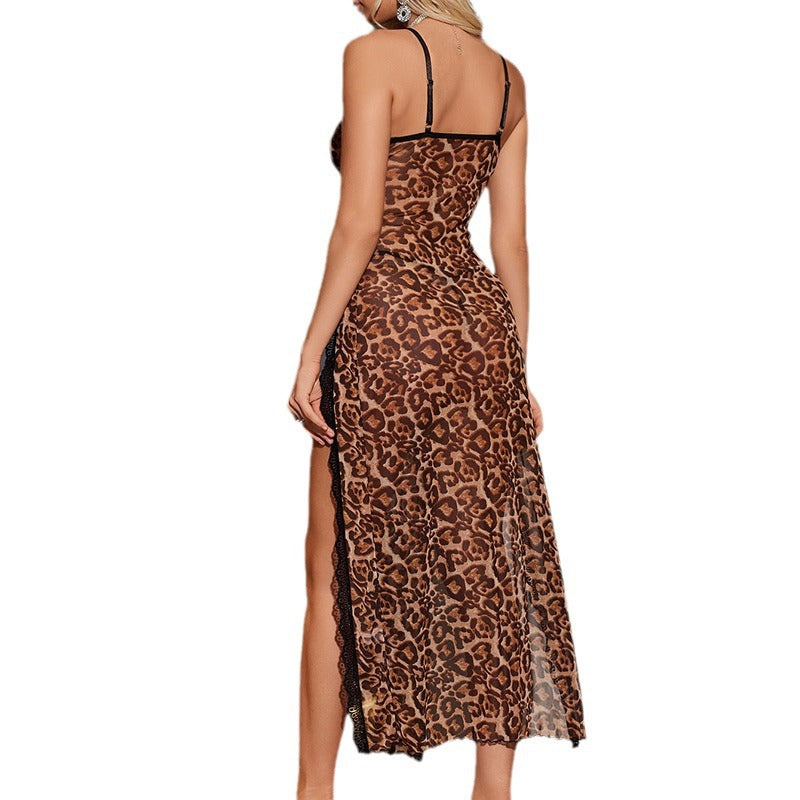 LEOPARD PRINT LACE BACKLESS SLIT NIGHTGOWN SET