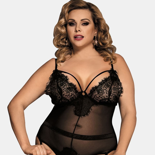 PLUS SIZE LACE INSERT MESH LINGERIE TEDDY