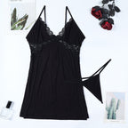 BLACK LACE SPLICE HIGH SLIT STRAP NIGHTGOWN TWO-PIECE SET