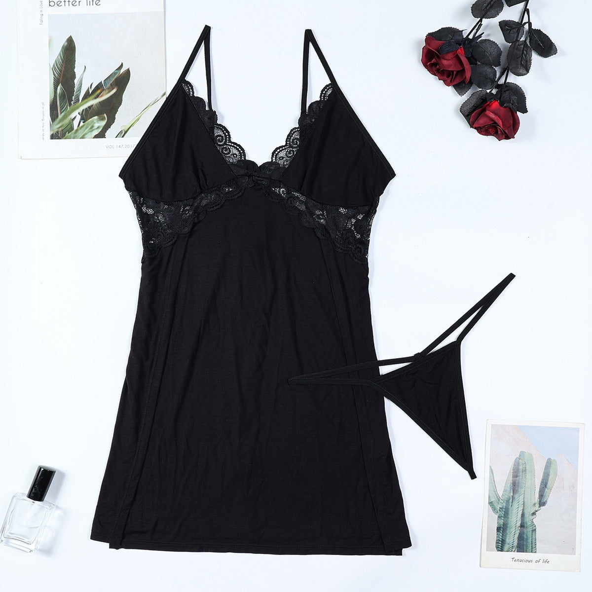 BLACK LACE SPLICE HIGH SLIT STRAP NIGHTGOWN TWO-PIECE SET