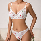 Printed Lace Bra Set with Steel Ring Gathering Bowknot