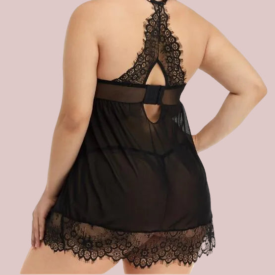 SEXY BLACK SILK NIGHTGOWN WITH LACE, PLUS SIZES.