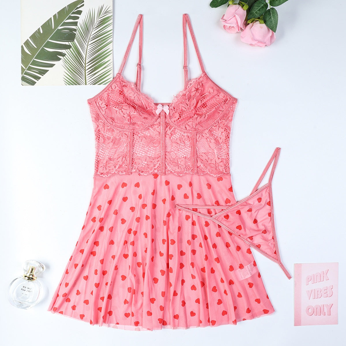 Pink Heart Lace Nightgown & Thong Set