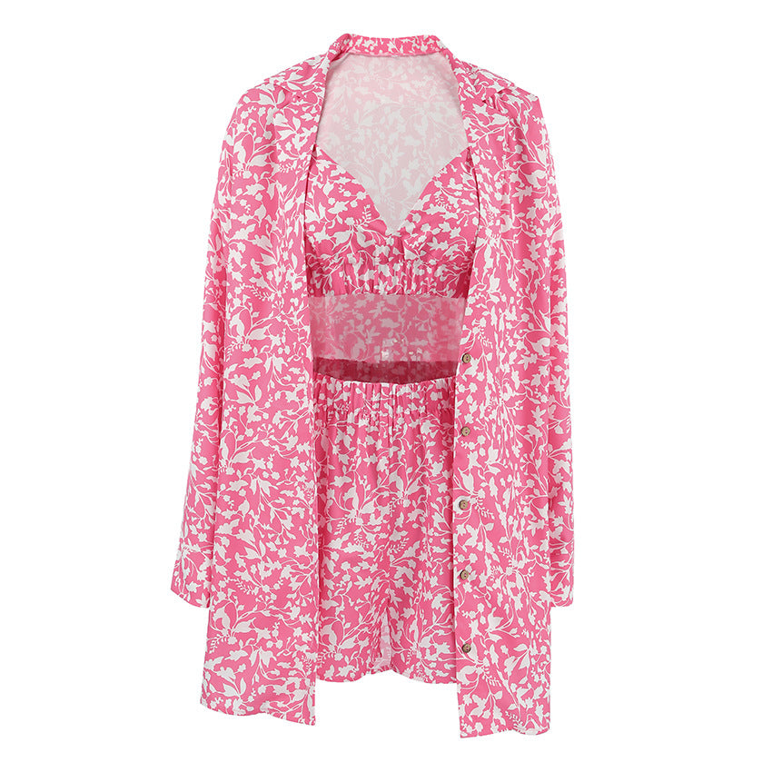 Printed Ice Silk 3-Piece Pajama Set