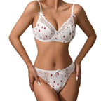 Printed Lace Bra Set with Steel Ring Gathering Bowknot