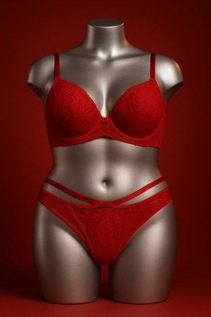 FOAM BASE BRA WITH DRAPED LACE ON THE PADDING, DOUBLE-STRING THONG