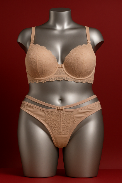 FOAM BASE BRA WITH DRAPED LACE ON THE PADDING, DOUBLE-STRING THONG