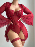 Lace Flare Sleeve Lingerie Set with Stockings