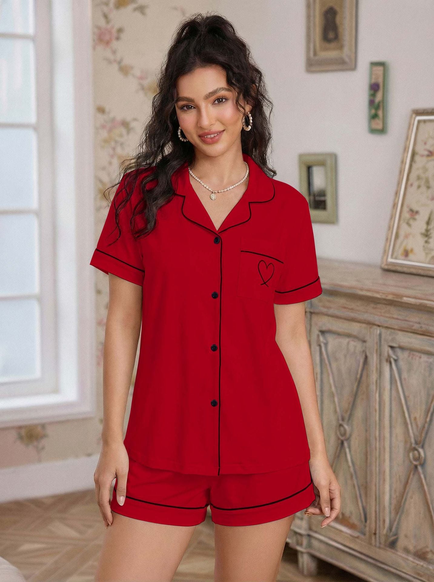 Open Front Shirt & Shorts Sleepwear Set