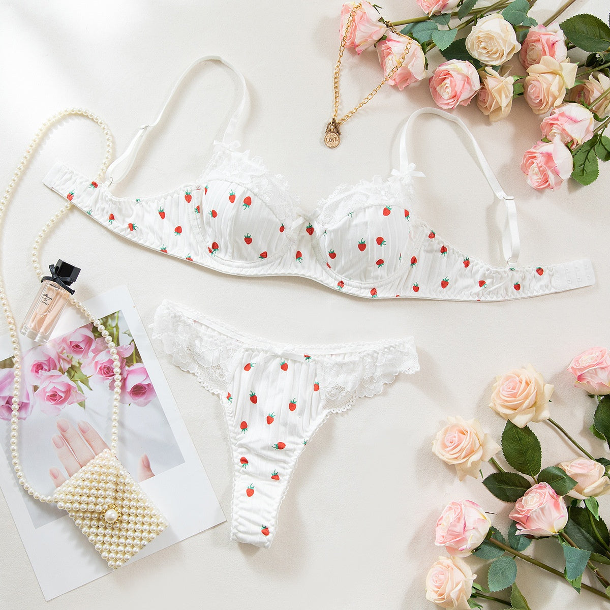 Printed Lace Bra Set with Steel Ring Gathering Bowknot