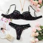 Printed Lace Underwire Bow Bra Set