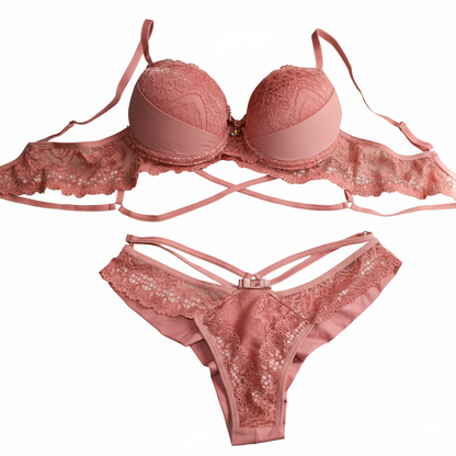 BRA WITH LACE CUTOUT ON THE PADDING AND BRAIDED BASE, DETAILED DOUBLE-STRING THONG