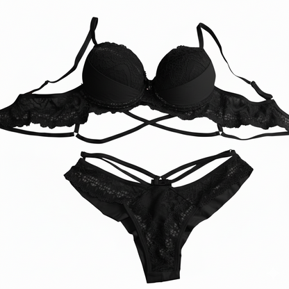 BRA WITH LACE CUTOUT ON THE PADDING AND BRAIDED BASE, DETAILED DOUBLE-STRING THONG